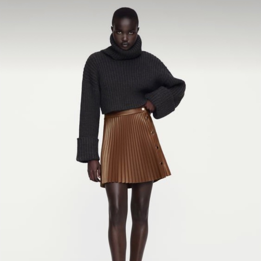 Zara Faux leather pleated mini brown skirt